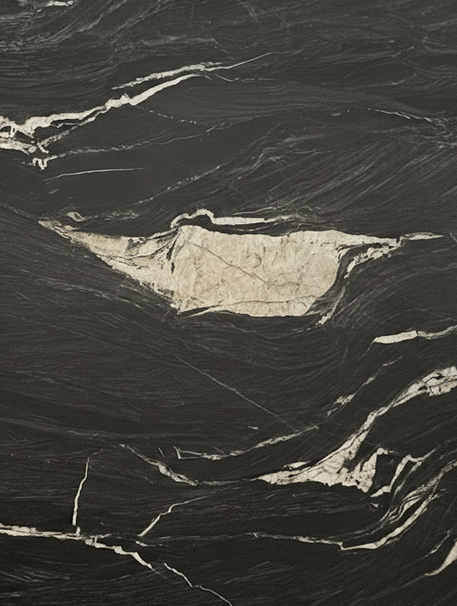 Crystal Noir, close-up of a near-black slab with wavy flowing bands, thin white veins and a large cream patch